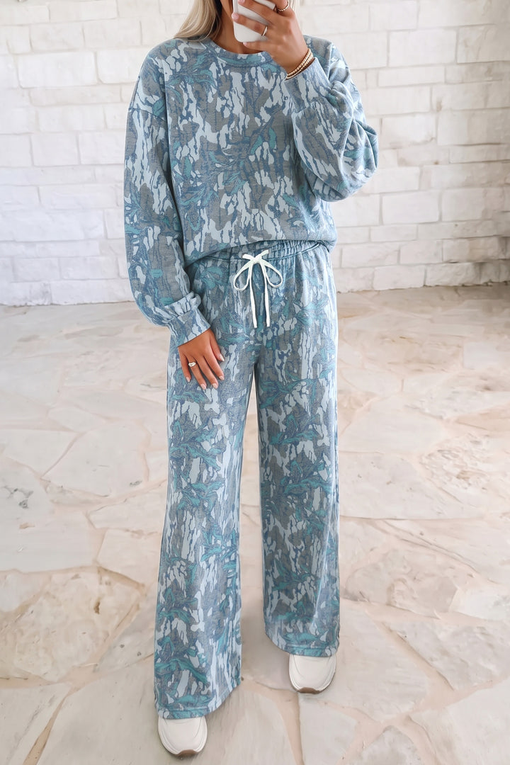 Multicolour Abstract Floral Print Loose Pullover Drawstring Pants 2pcs Set