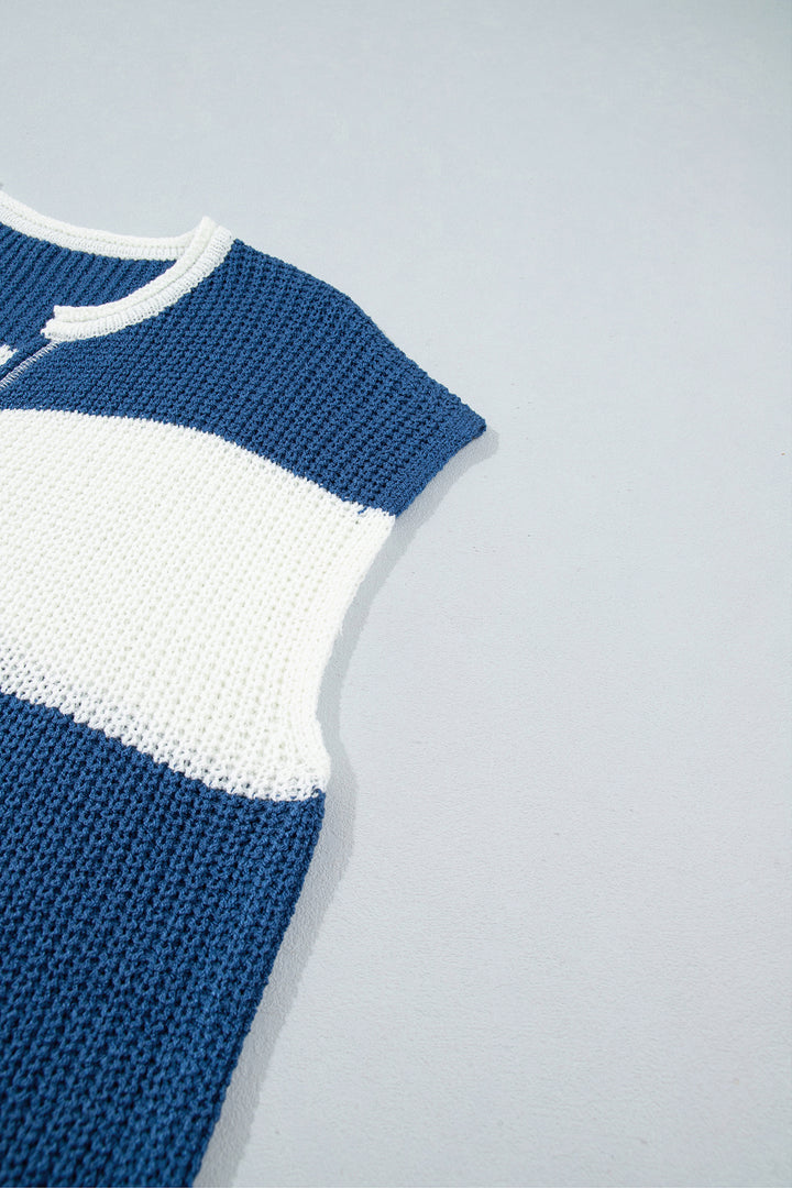 Brown Stripe Striped Colorblock Knit V Neck Short Sleeve Loose Sweater