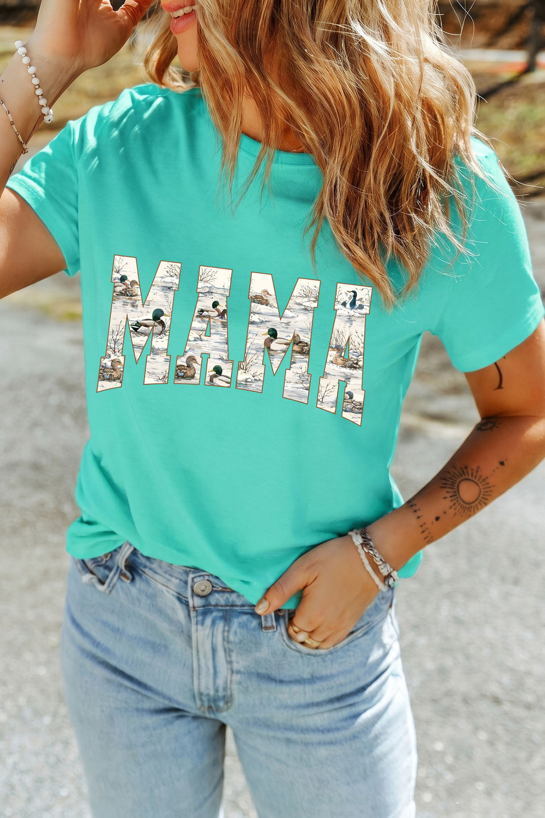Mint Green Mallard Duck Print MAMA Lettering Graphic T Shirt