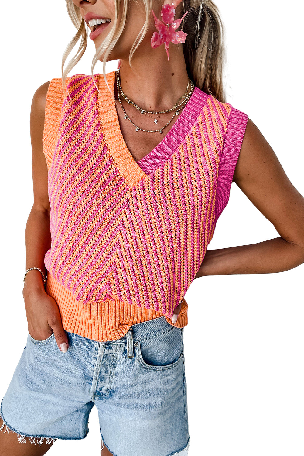 Strawberry Pink Contrast Chevron Knit V Neck Sweater Vest