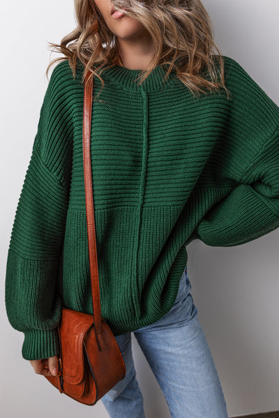 Blackish Green Textured Knit Crewneck Lantern Sleeve Sweater