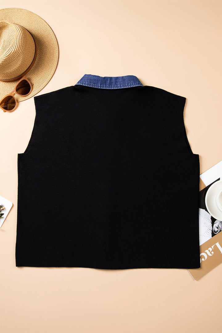 Black Plus Size Sleeveless Patchwork Colorblock V Neck Tunic Top Cardigan