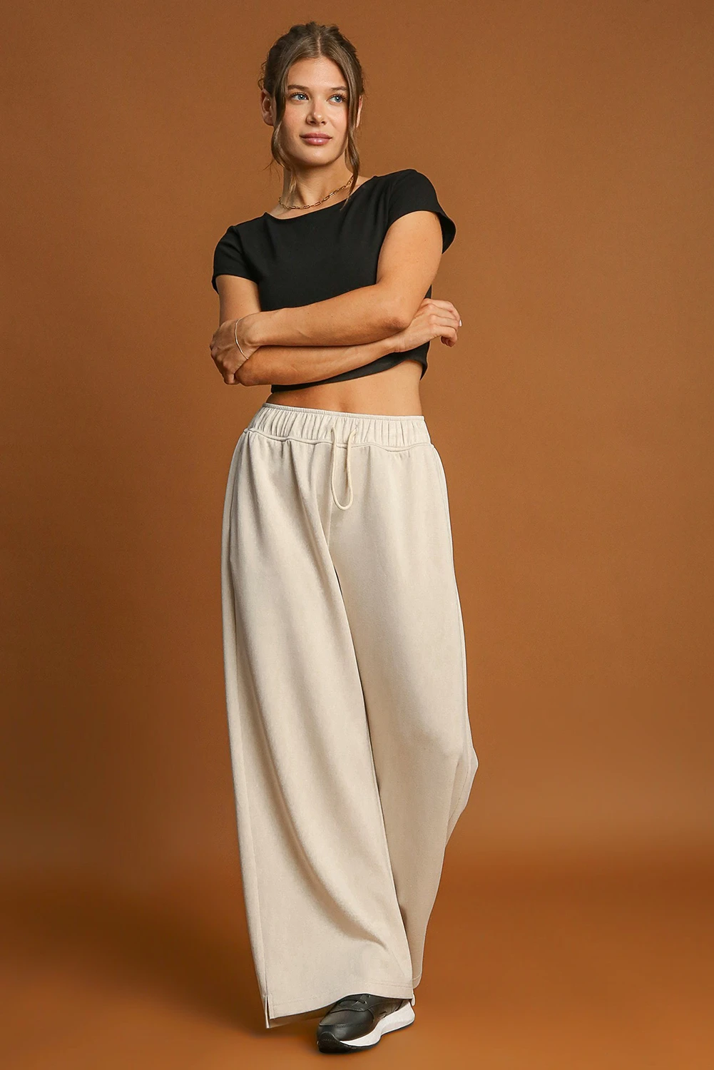 Apricot Loop Drawstring Casual Wide Leg Pants