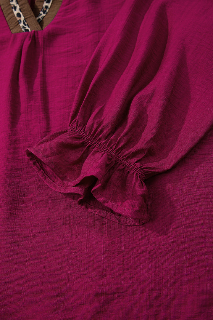 Violet Leopard Trim V Neck Flounced Bracelet Sleeve Blouse