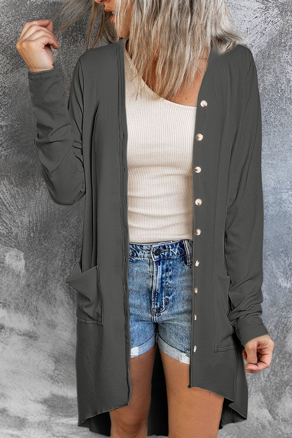 Gray Selected Button Down Pocketed High Low Cardigan