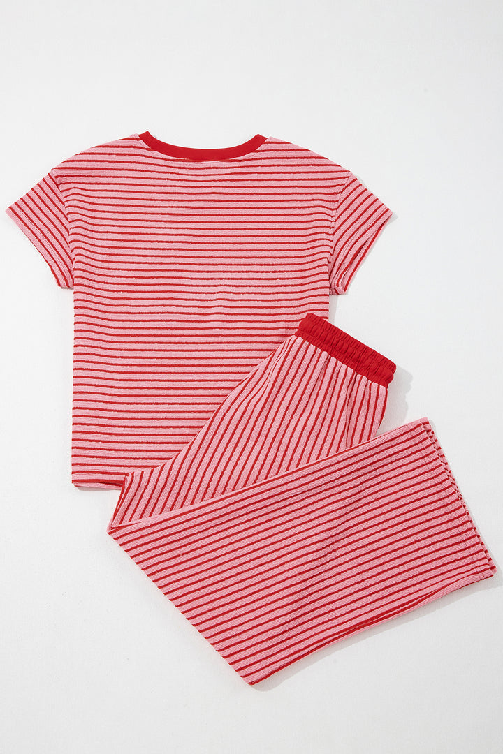 Sky Blue Stripe Crew Neck Tee Drawstring Waist Cropped Pants Set