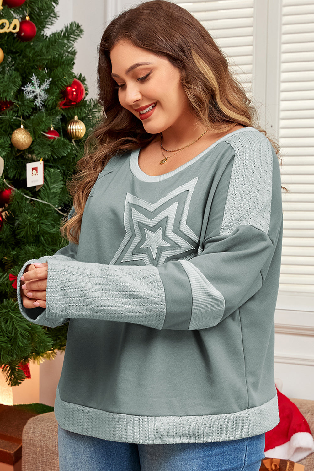 Mist Green Stars Patchwork Round Neck Plus Size T Shirt