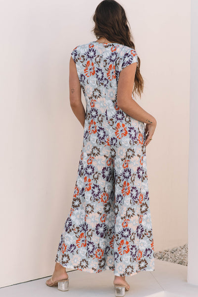 Sky Blue Floral Sleeveless Buttoned Pocketed Wide Leg Jumpsuit