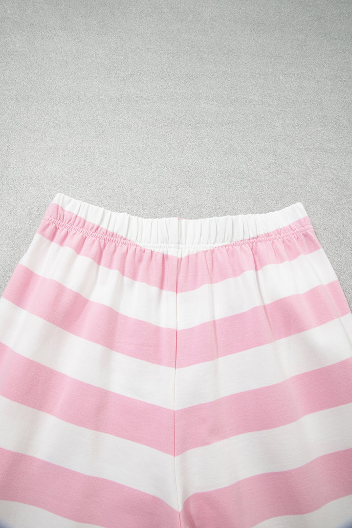 Pink Stripe Color Block Patchwork Zip Long Sleeve Top Elastic Waist Pants Set