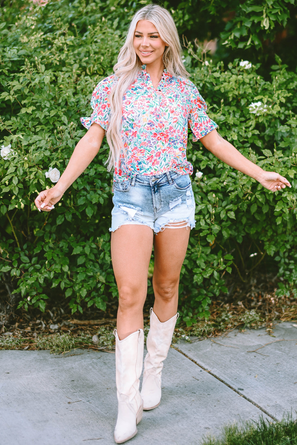 Pink Floral Print Button Split Neck Puff Sleeve Blouse