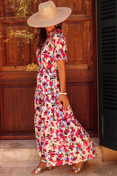 White Floral Print Short Sleeve Buttoned Split Maxi Dress