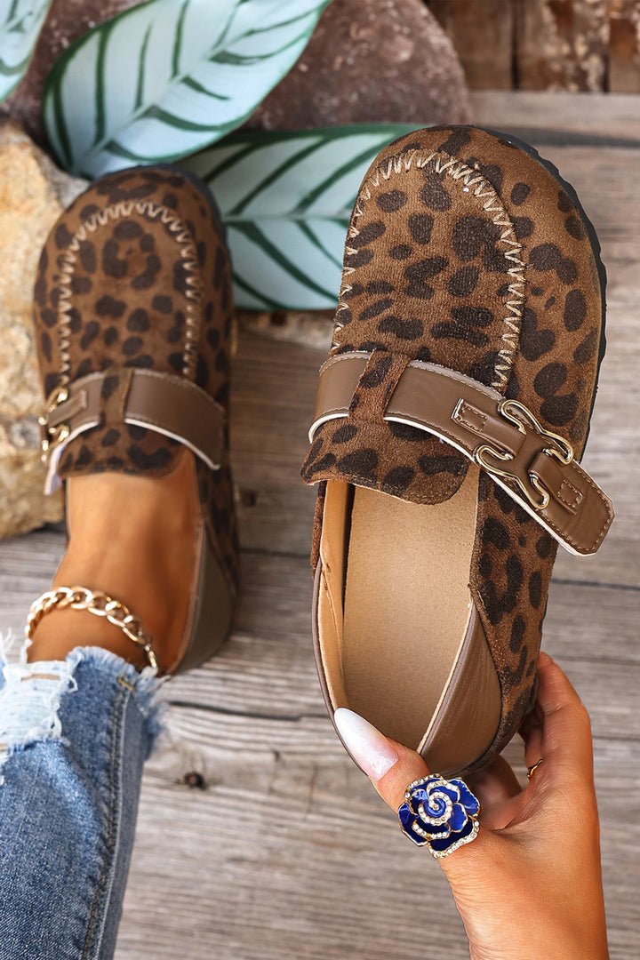 Khaki Faux Suede PU Leather Patchwork Retro Buckle Slip On Shoes