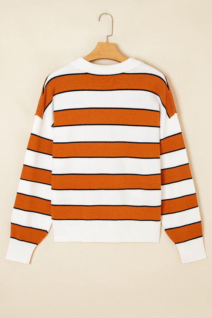 Valeria Stripe Ribbed Polo Collar Drop Shoulder Sweater