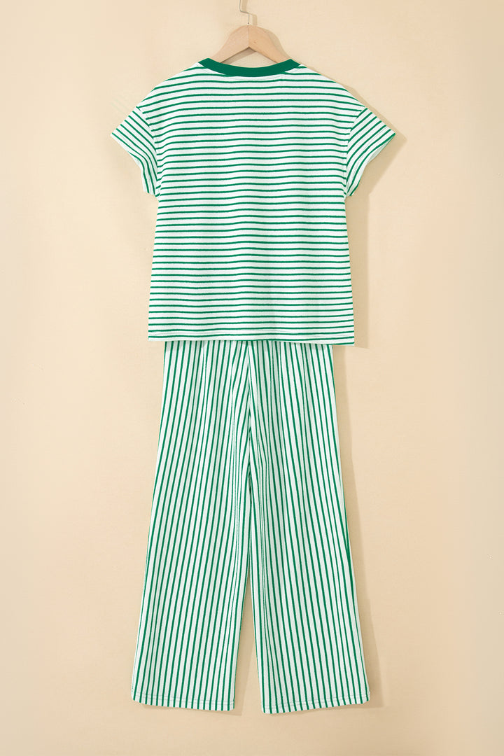 Sky Blue Stripe Crew Neck Tee Drawstring Waist Cropped Pants Set