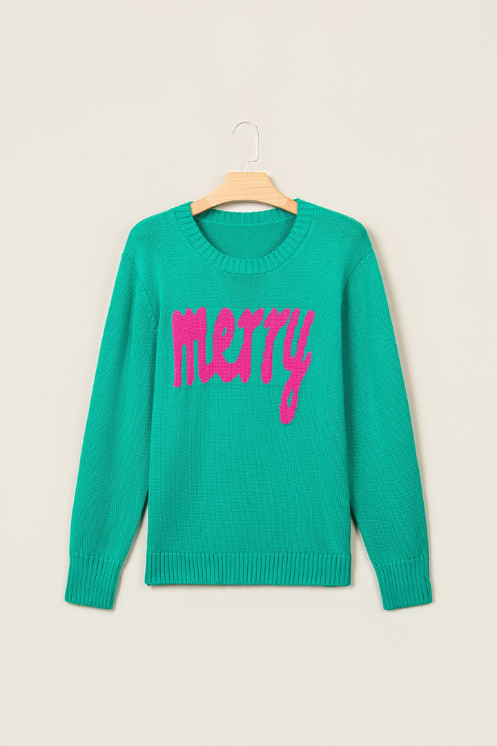 Bright Green Merry Print Ribbed Trim Round Neck Loose Fit Sweater