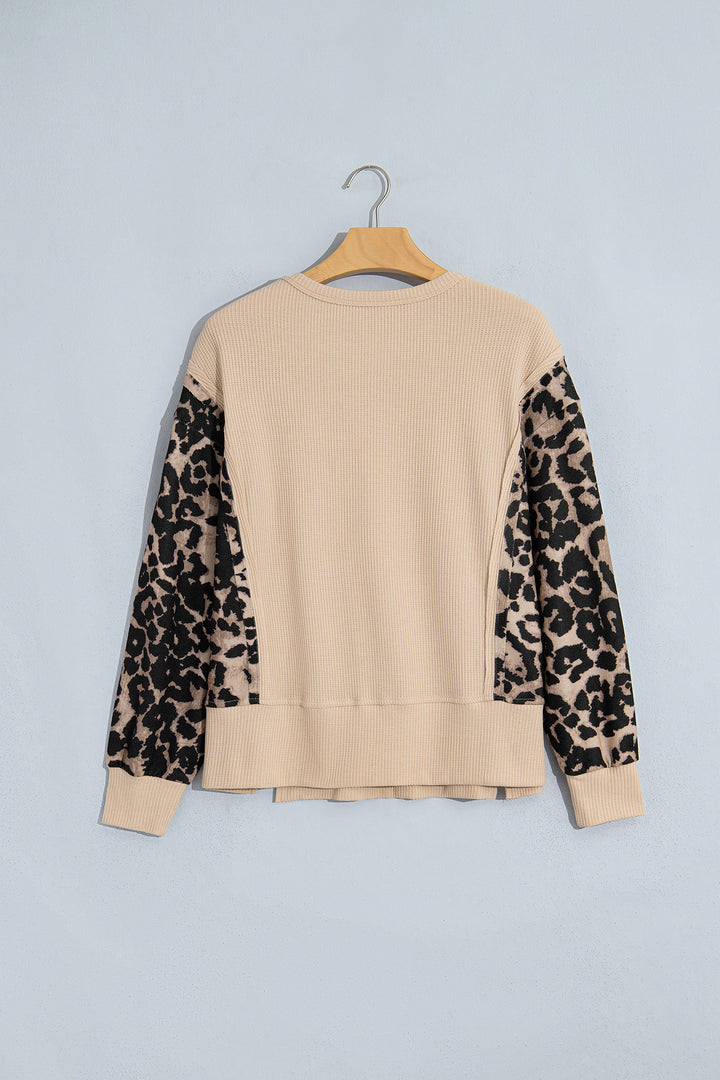 Gray Morn Leopard Sleeve Waffle Knit Split Hem Top