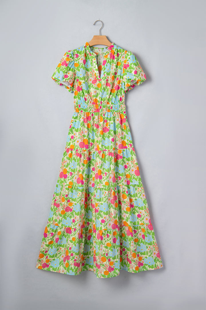 Green Floral Print V Neck Short Puff Sleeve Cotton Maxi Dress