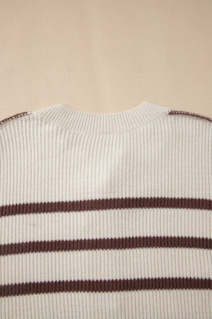 Brown Stripe Ribbed Henley Drop Shoulder Slouchy Sweater