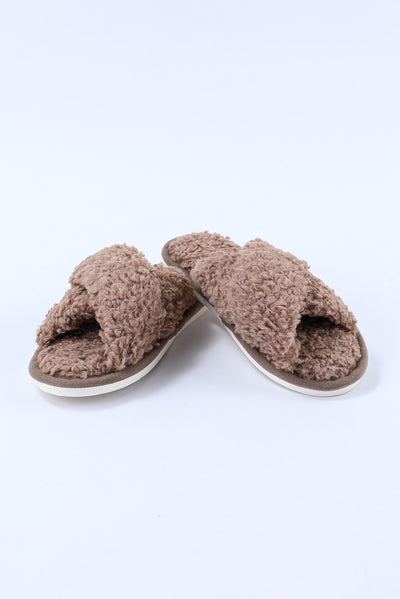 Brown Teddy Fur Cross Straps Home Slippers