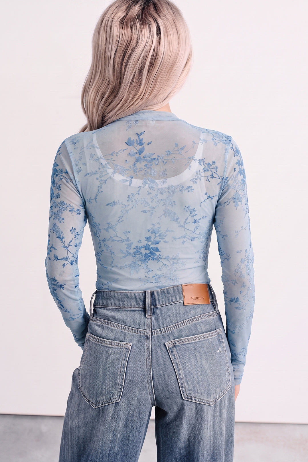 Sky Blue Sheer Mesh Floral Printed Mock Neck Long Sleeve Bodysuit
