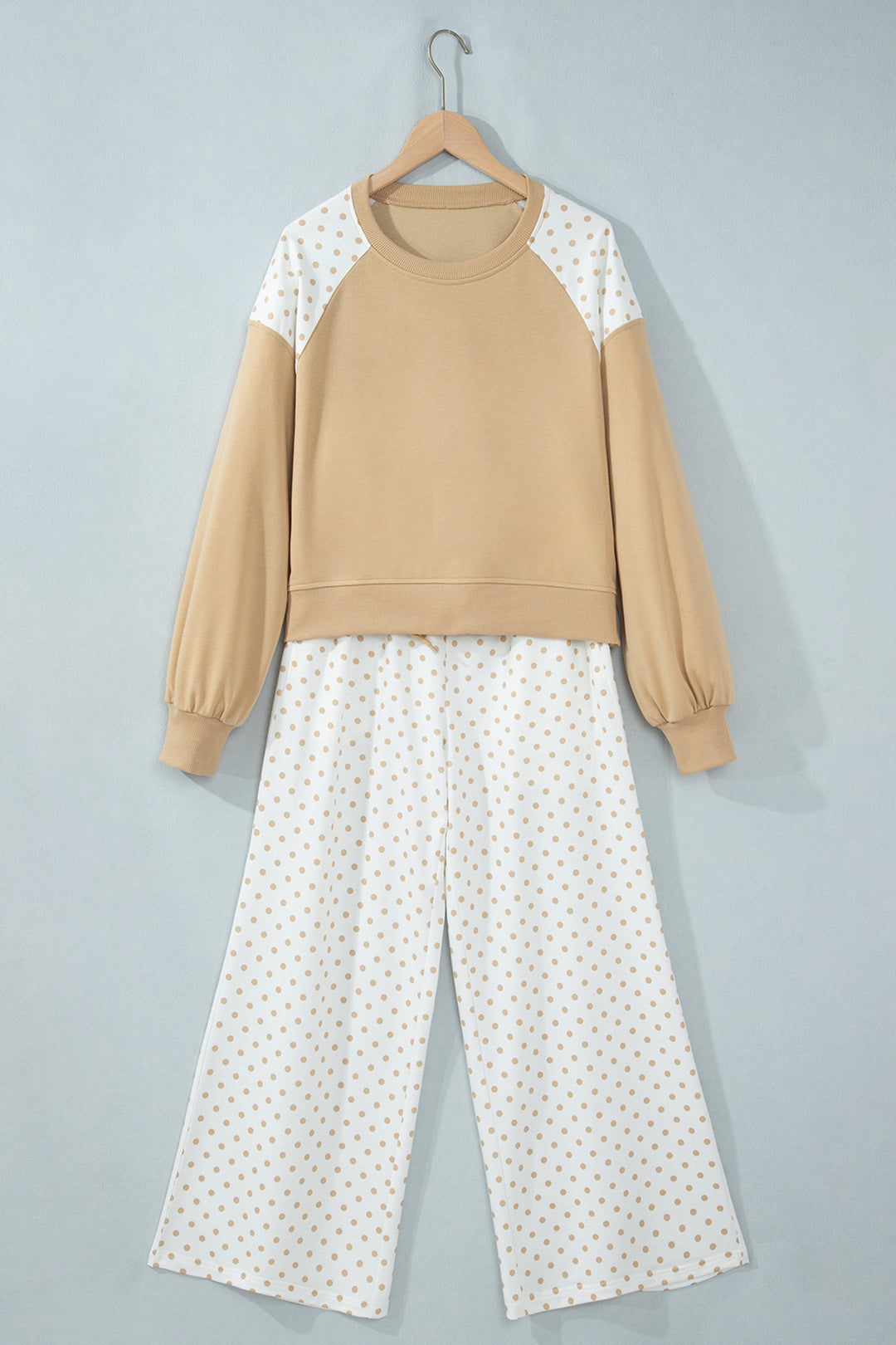 Khaki Polka Dot Patchwork Colorblock Long Sleeve Casual Two Piece Pants Set