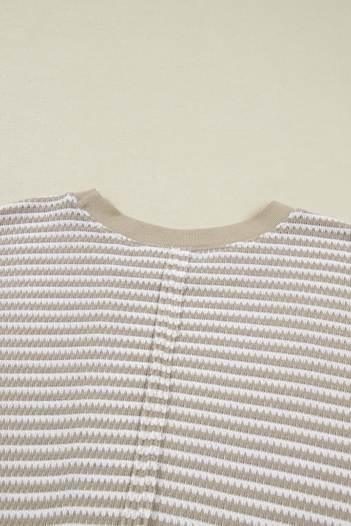 Brown Stripe Plus Size Breathable Knit Ribbed Trim Long Sleeve Top