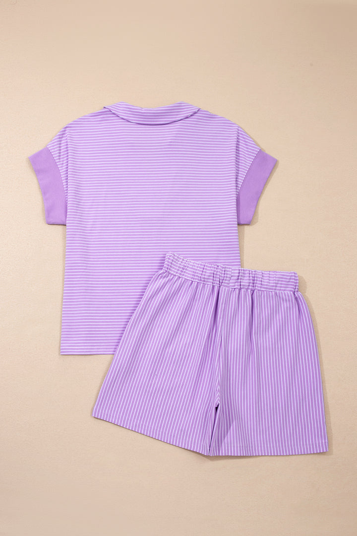 Purple Stripe Dolman Sleeve Polo Shirt and Drawstring Shorts Set