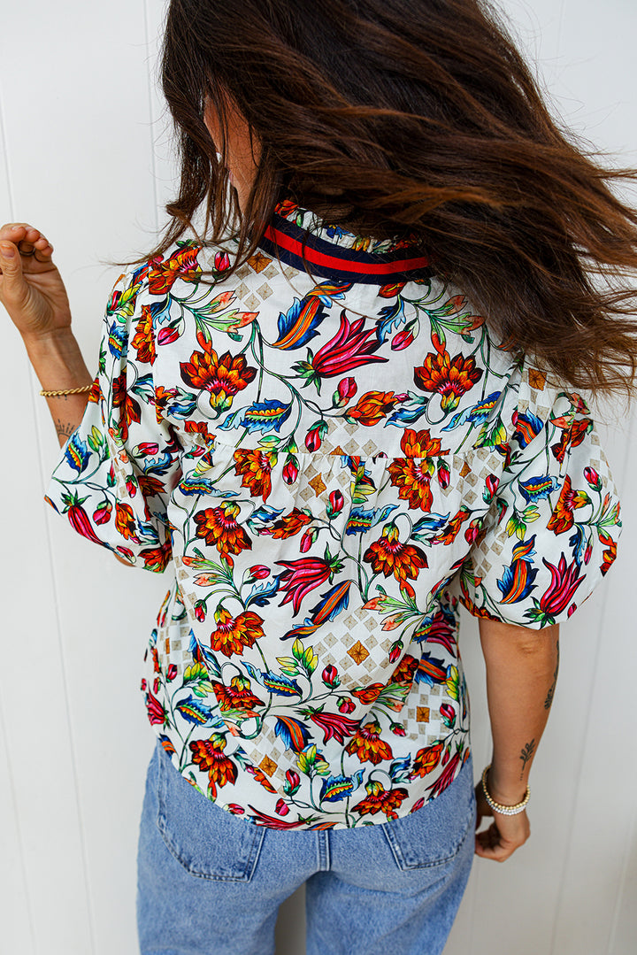 Multicolour Contrasted V Neckline Floral Puff Short Sleeve Blouse