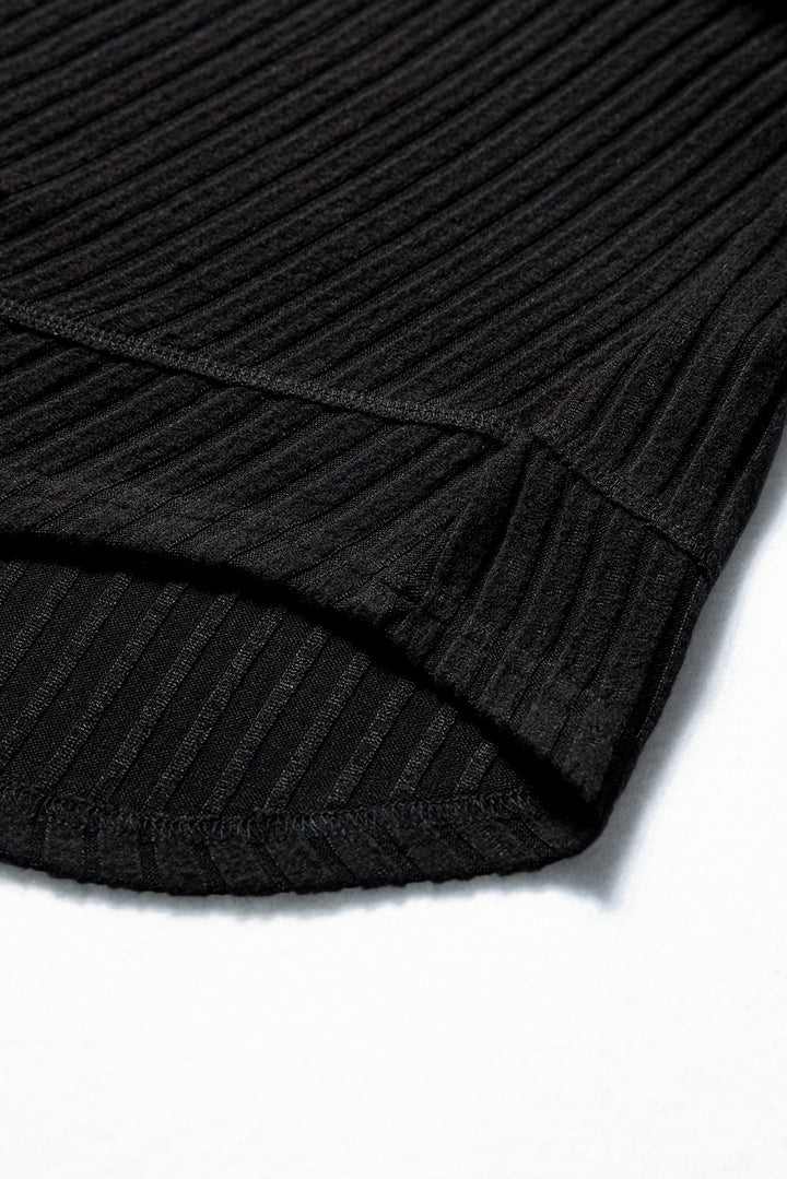 Black Ribbed Texture Round Neck Long Sleeve Rounded Hem Knit Top