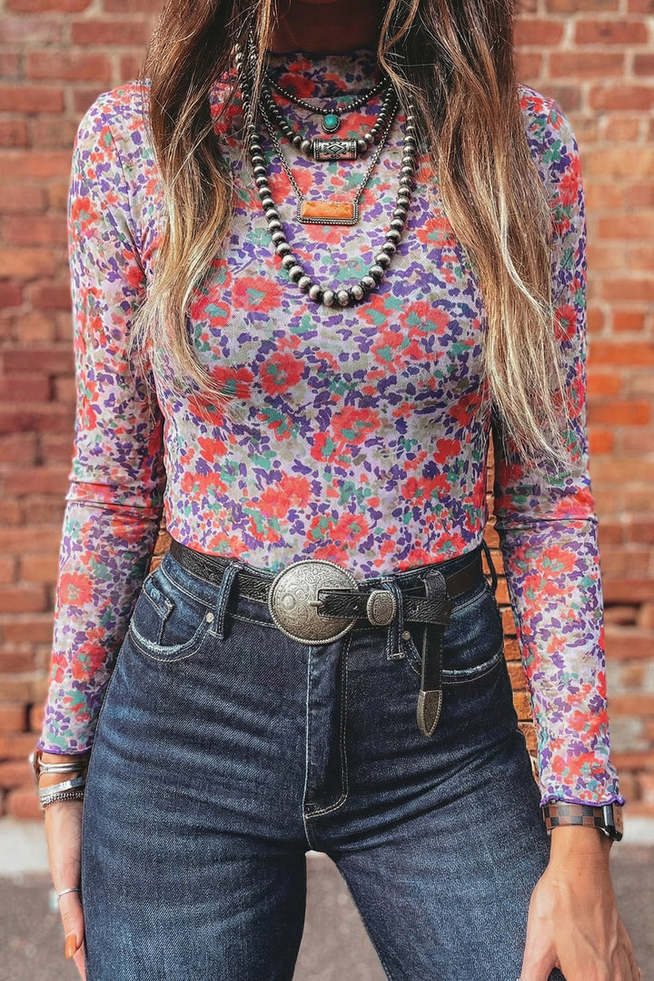Blue Slim Fit Floral Mesh Long Sleeve Mock Neck Top