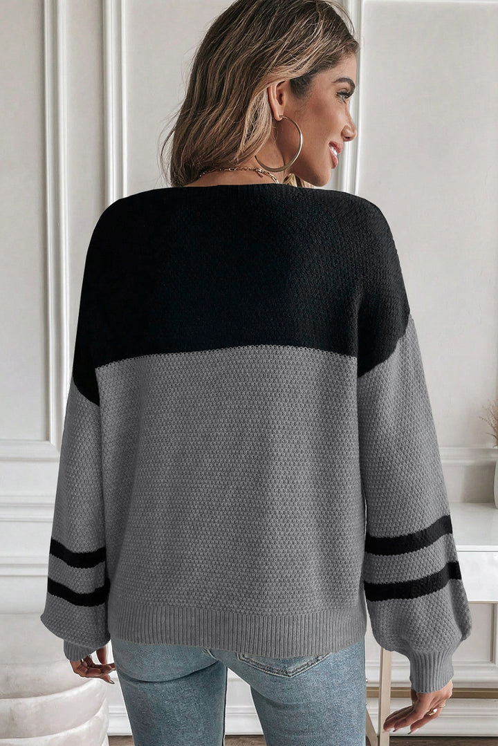 Medium Grey Color Block Knit Striped Sleeve Detail Casual Sweater