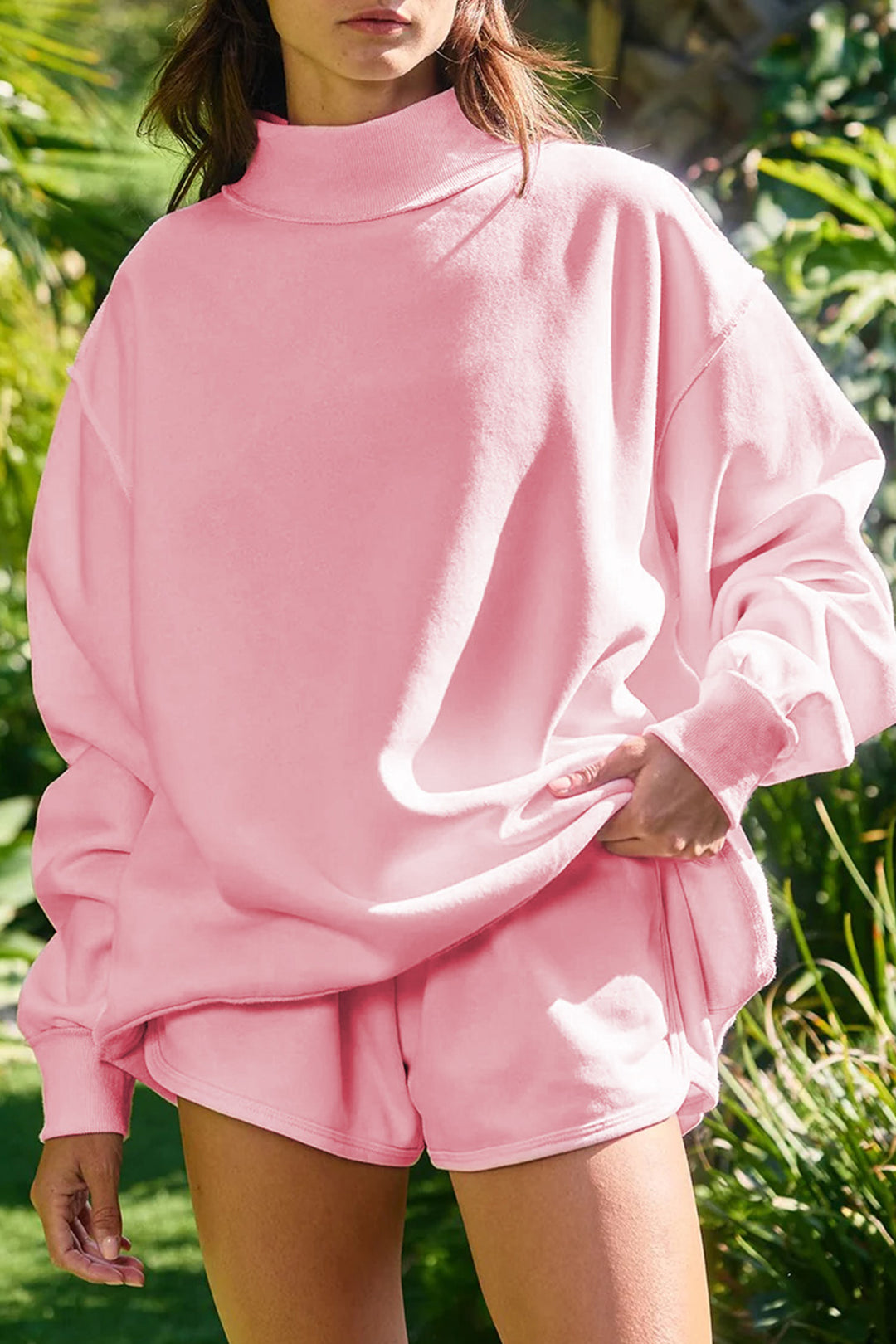 Light Pink High Neck Exposed Seam Drop Shoulder Baggy Pullover Short Set