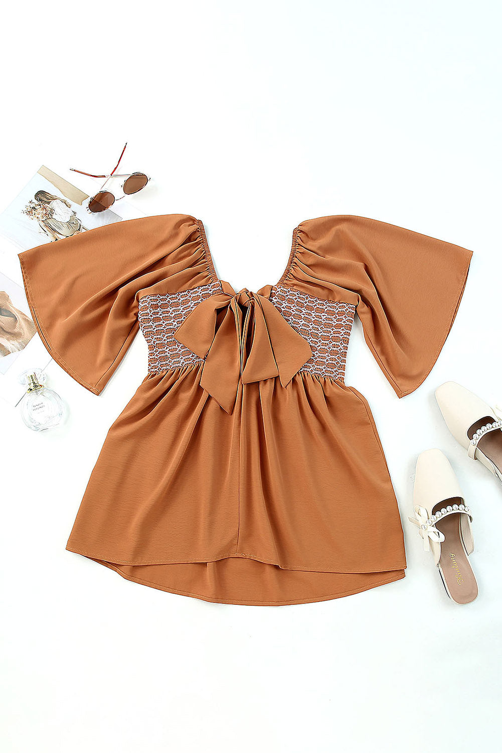 Brown Square Neck Wide Sleeves Flowy Top