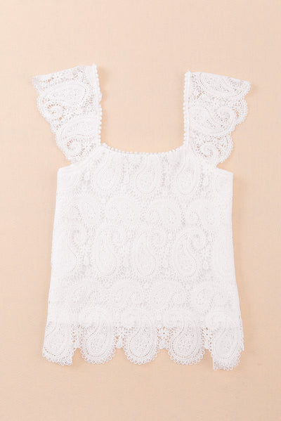 White Lace Crochet Ruffled Square Neck Tank Top