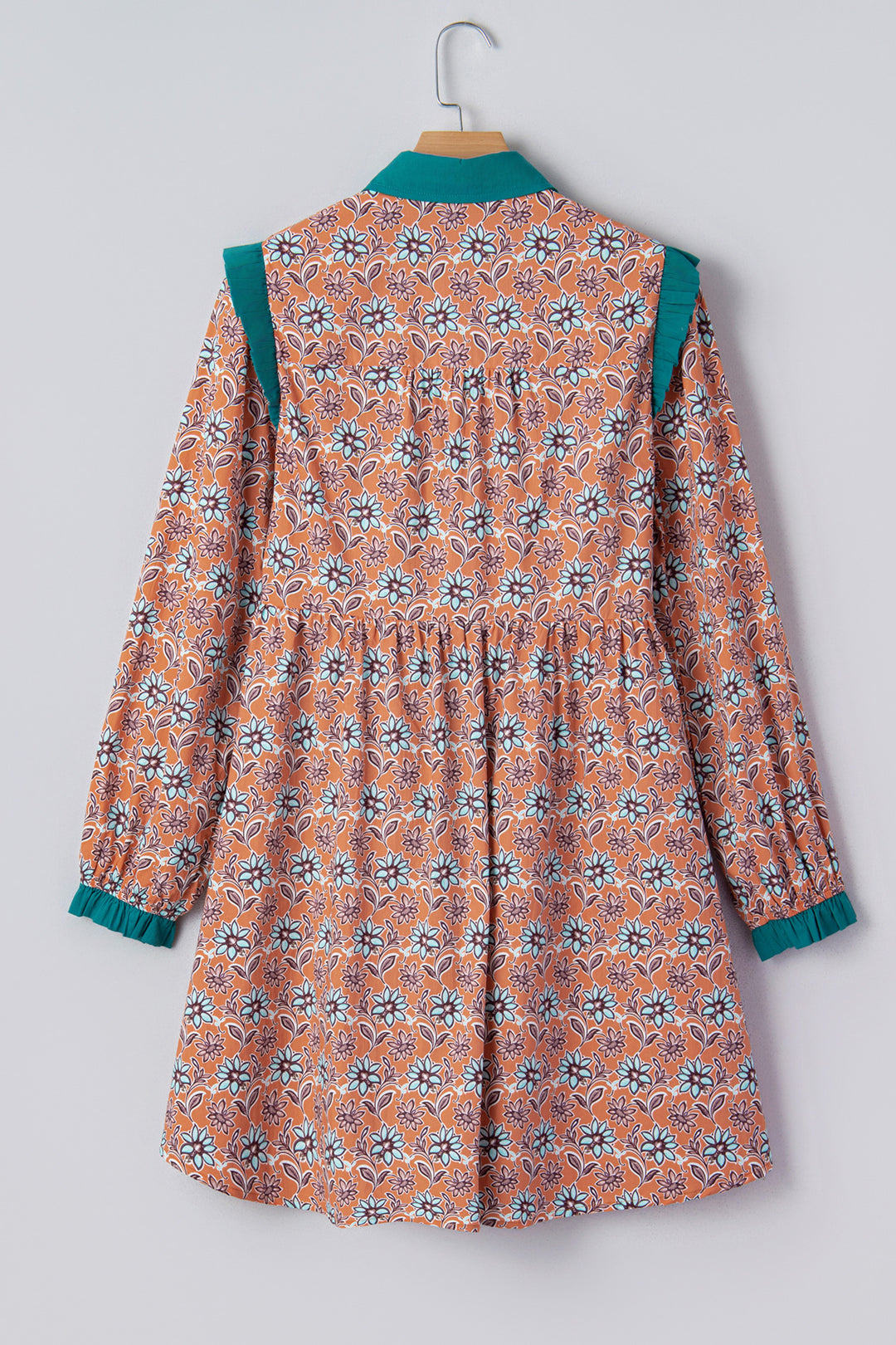 Orange Boho Floral Contrast Collared Shirt Mini Dress