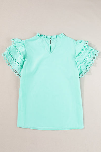 Mint Green Layered Ric Rac Cap Sleeve Frilled Neck Blouse