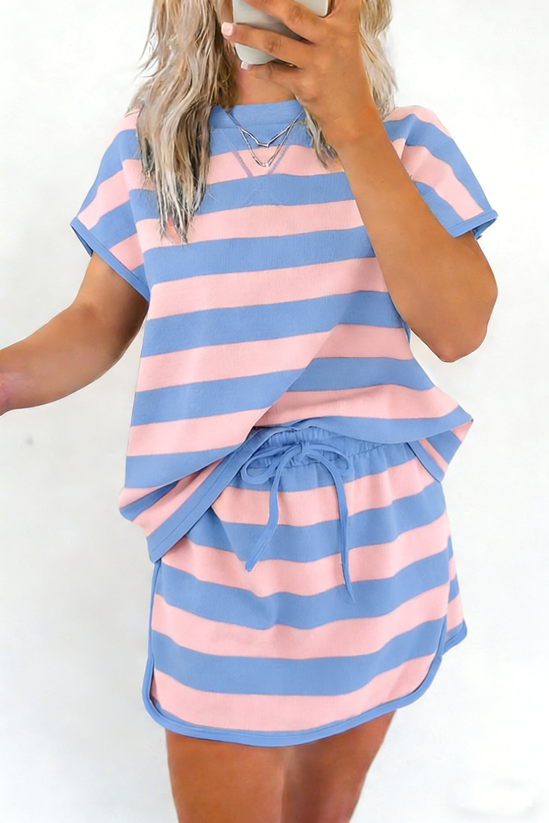 Yellow Stripe Dolman Tee Drawstring Skort Athletic 2pcs Set