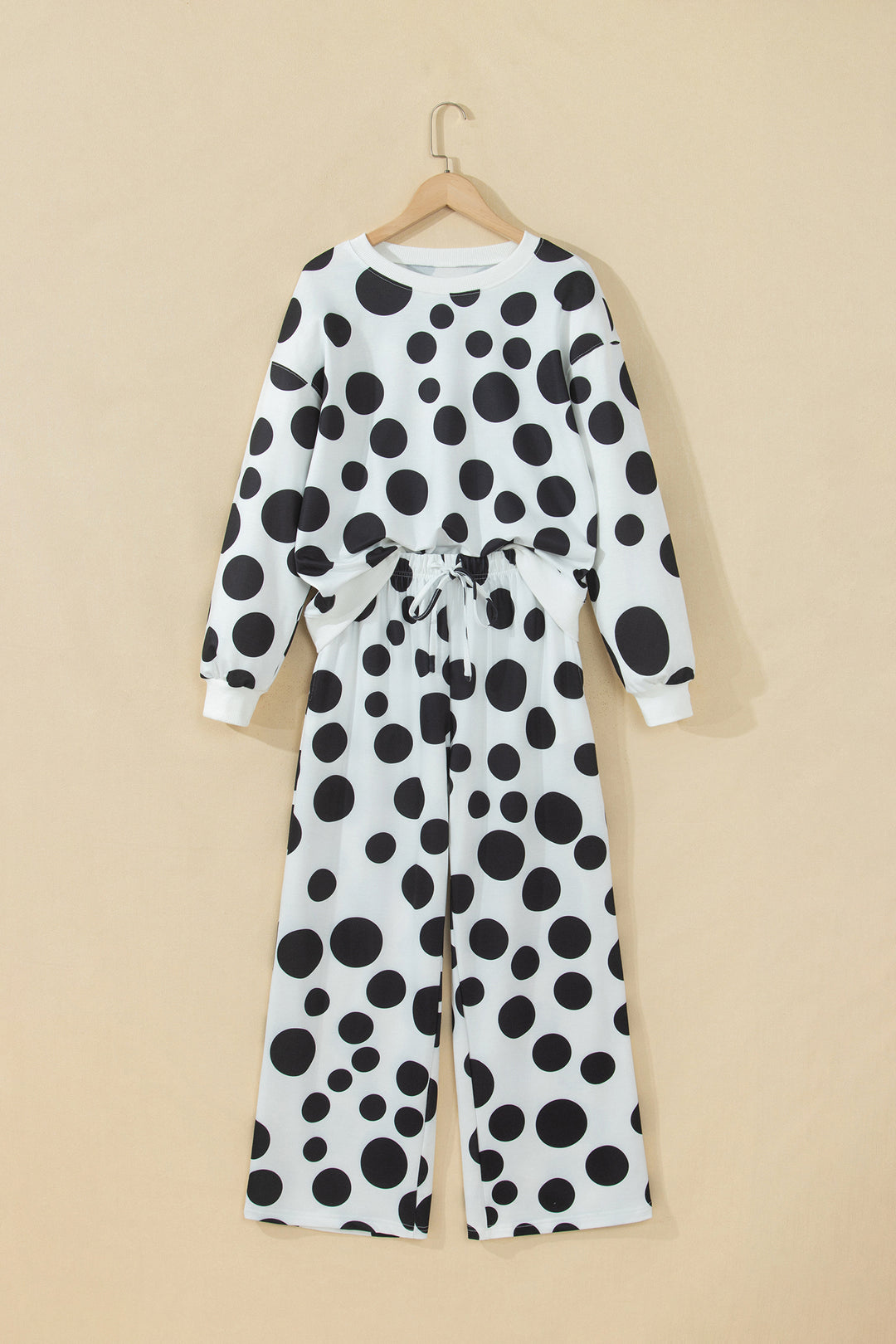 Khaki Polka Dot Long Sleeve Top Drawstring Relaxed Pants Set