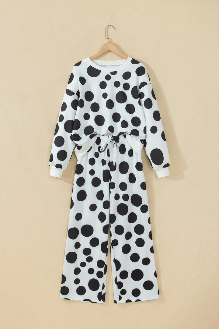 Khaki Polka Dot Long Sleeve Top Drawstring Relaxed Pants Set
