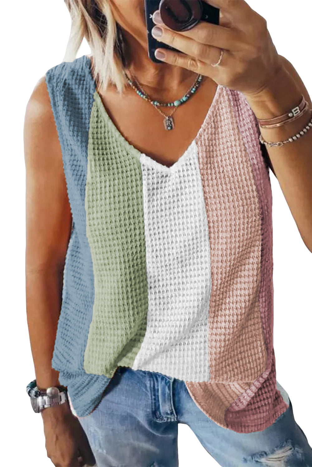 Color Block V-Neck Waffle Knit Tank Top