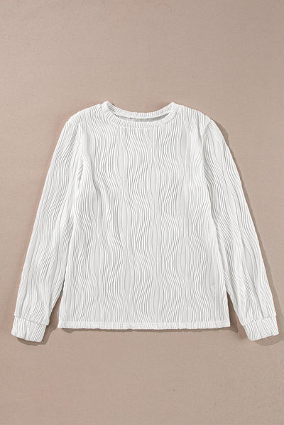 White Textured Wavy Round Neck Long Sleeve Top