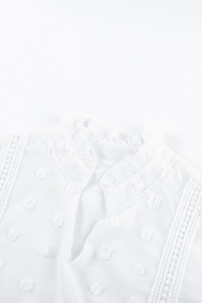 White Swiss Dot Split Neck Ruffle Babydoll Blouse