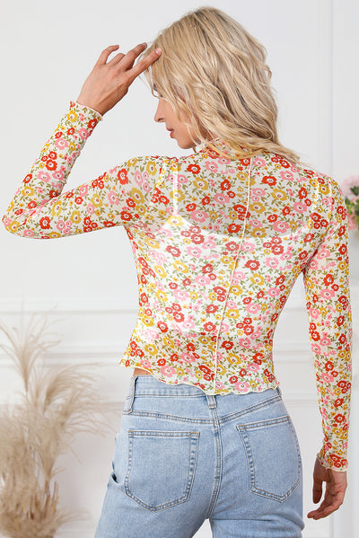 Multicolor Floral Lettuce Hem Long Sleeve Top