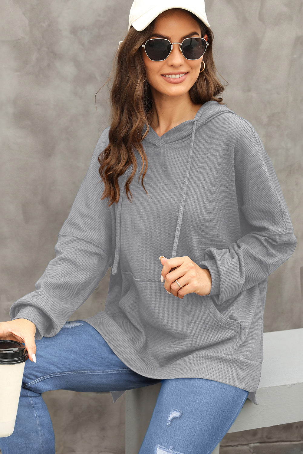 Gray Waffle Knit Fleece Lined High Low Oversized Hoodie