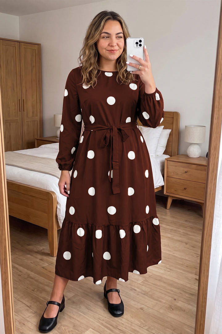 Brown Polka Dot Ruffled Hem Long Sleeve Tie Waist Plus Size Dress