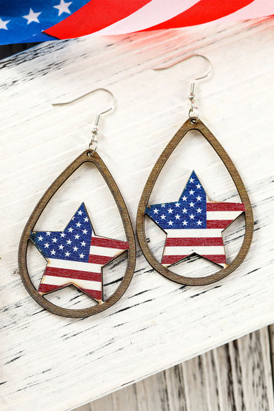 Fiery Red American Flag Heart Shape Hollowed Wood Drop Earrings