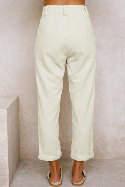 Beige Corduroy High Waist Straight Leg Pants