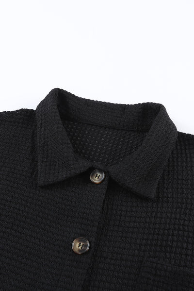 Black Waffle Knit Button Up Casual Shirt