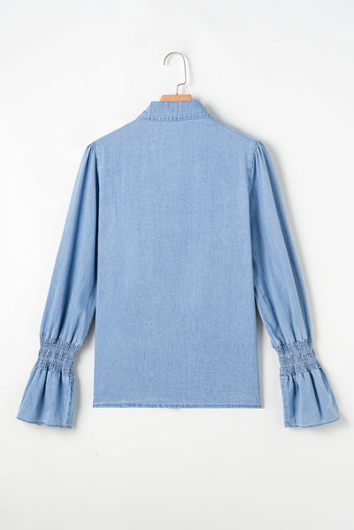 Myosotis Ruffled Shirred Cuffs Button up Chambray Shirt