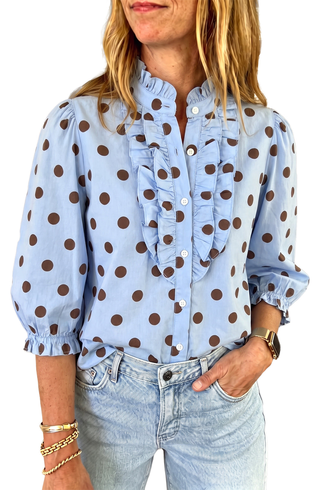 Black white Polka Dot Striped Print Ruffle Stand Neck 3/4 Sleeve Shift Shirt